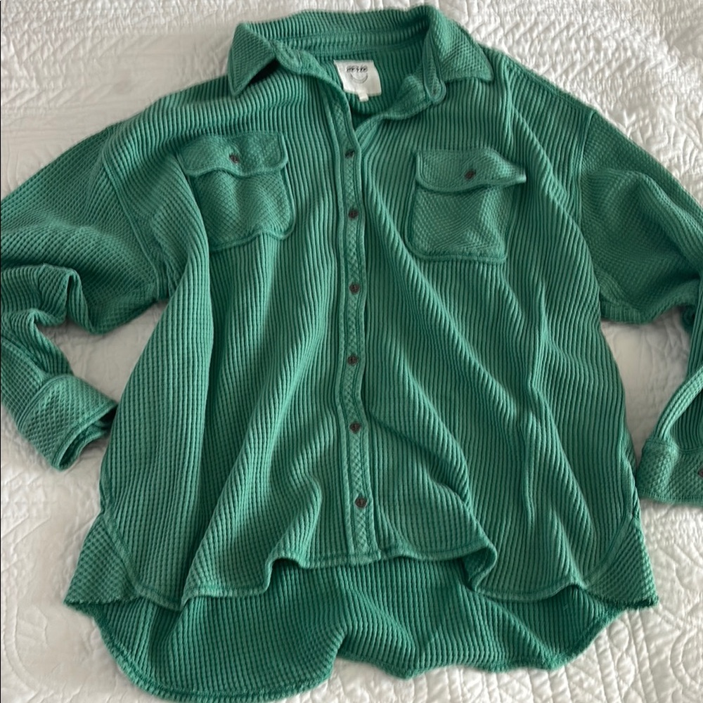 Aerie Green Button-Up Shirt - waffle knit